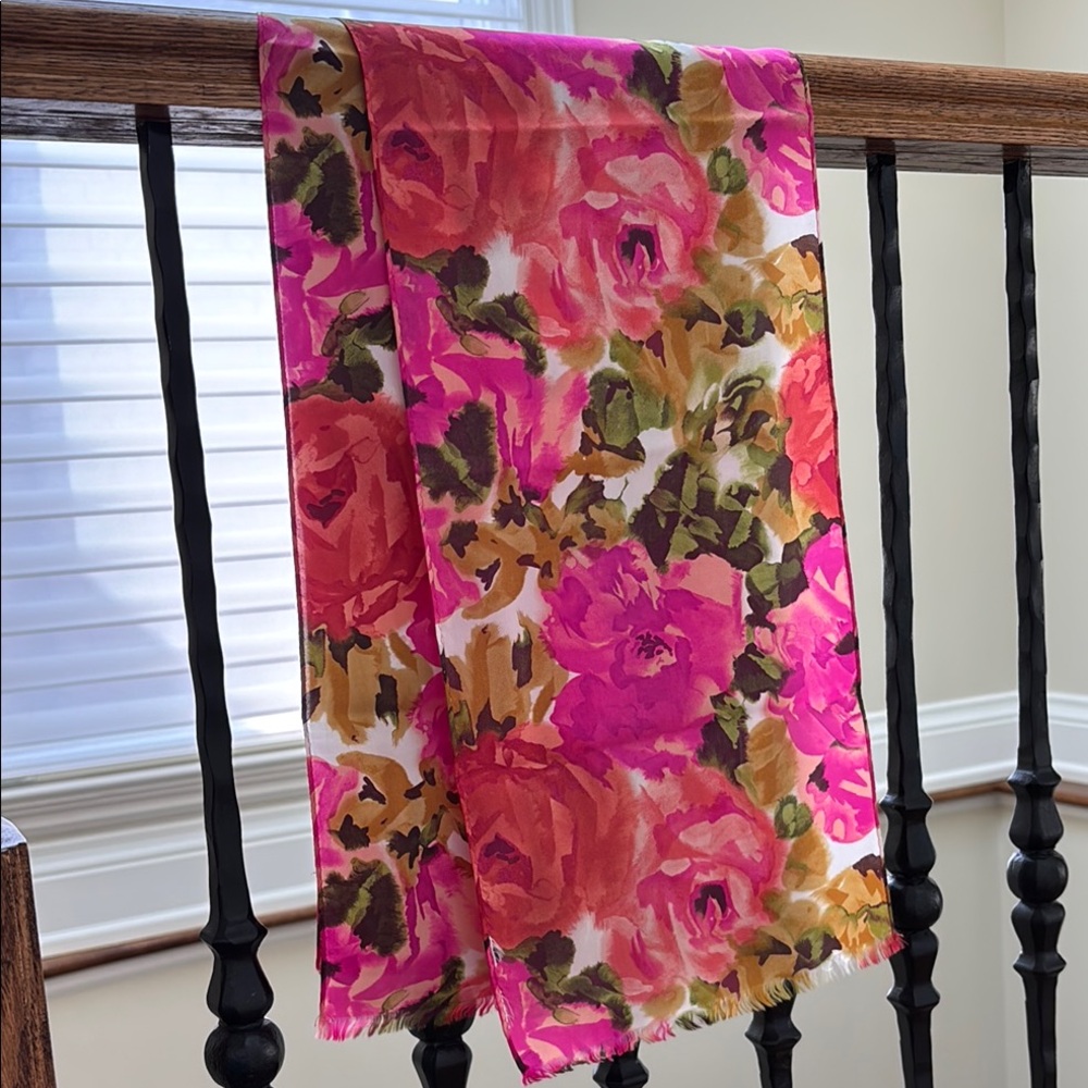 Floral Pink, Coral and Green Extra-long Silk Scarf